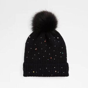 NWT Aldo black knit beanie hat w/ crystal embellishments  &  faux fur pom pom